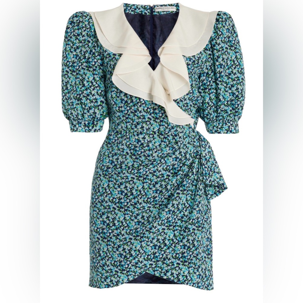 Alessandra Rich Blue and Green Floral Long Sleeve Dress